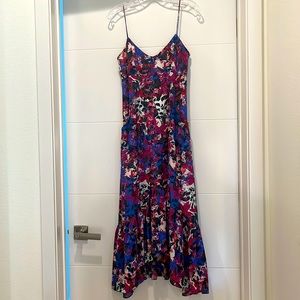 SALONI Vibrant Floral Midi Dress in Blue and Pink